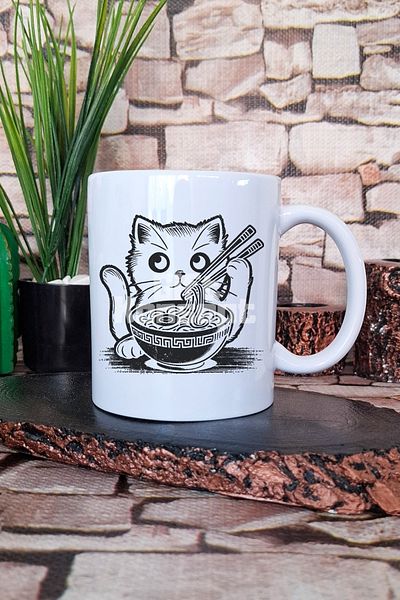 giftkonsept Ramen Black Drawing Cat Printed Japanese Anime Manga Art Gift Printed Mug Cup