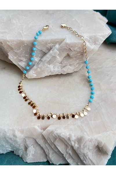 NFS BUTİK Turquoise Beads & Sequins Figure 316L Steel Ysx Anklet