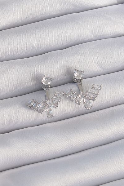 MBB ETİCARET Brass Silver Color Zircon Stone V Model Earrings - Tj-Bkp9290
