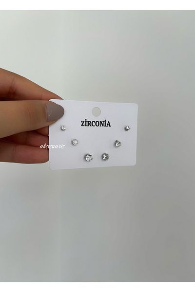 aksesuaris Set of 6 Steel Zircon Stone Earrings