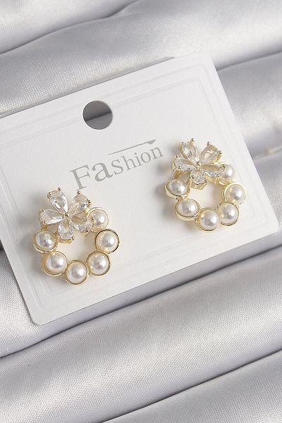MBB ETİCARET Brass Gold Color Pearl Hoop Model Zircon Stone Butterfly Model Women's Earrings - Tj-Bkp9997