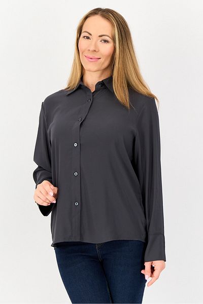 Bebe Women Pointed Collar Long Sleeve Plain Shirt, Dark Grey
