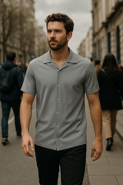 DAMGA JEANS Ανδρικό casual καλοκαιρινό κοντομάνικο Basic γκρι πουκάμισο