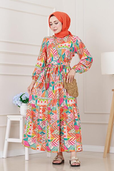 Sevitli Φόρεμα πριγκίπισσας με έθνικ σχέδιο-πορτοκαλί