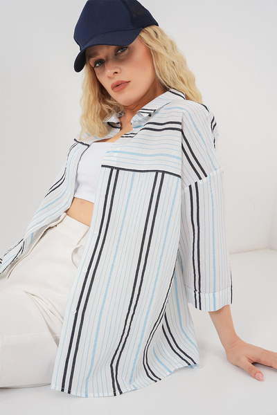 Bigdart Women's Striped Short Sleeve Shirt 20344 - Light Blue