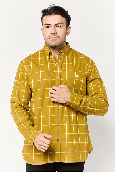 La Martina Men Regular Fit Window Pane Long Sleeves Casual Shirt, Khaki