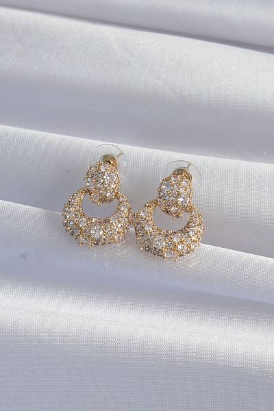 MBB ETİCARET Brass Gold Color Zircon Stone Oval Form Earrings - Tj-Bkp9273