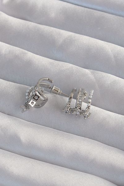MBB ETİCARET Brass Silver Color Multiple Zircon Cubic Zirconia Half Hoop Earrings with Pearls - Tj-Bkp9316