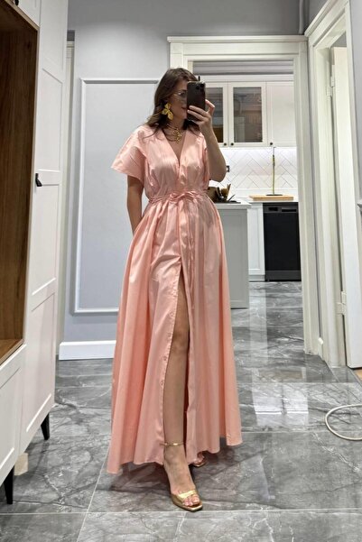 Banu Angay Önü Düğmeli V Yaka Pensli Gömlek Elbise Pembe