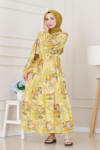 Sevitli Ethnic Patterned Belted Princess Dress-Yellow