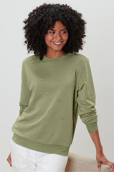 Tchibo Women Crew Neck Long Sleeves Embroidered Sweatshirt, Olive