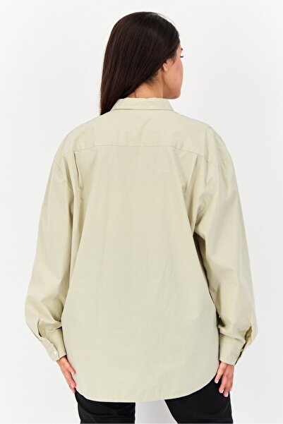 Giordano Women Spread Collar Long Sleeve Plain Shirt, Moss Grey