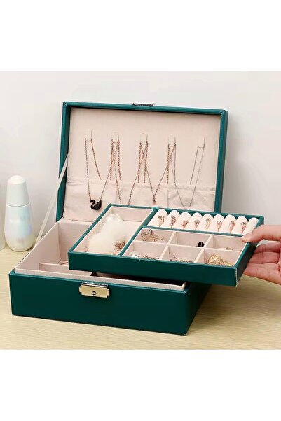 İsdeksan Cutie de bijuterii cu două etaje, multifuncțională, de culoare verde...