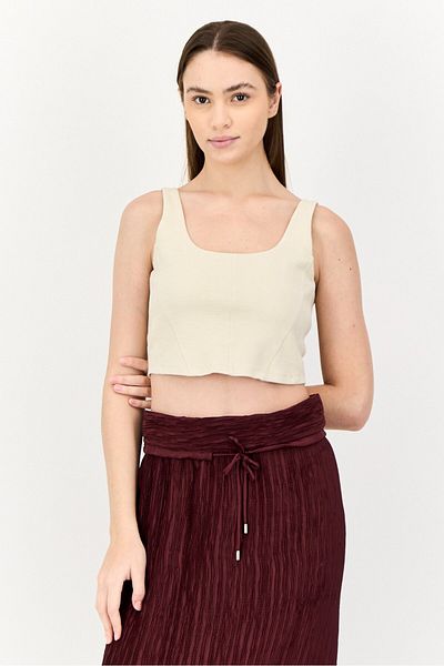 Offline by Aerie Women Scoop Neck Sleeveless Textured Crop Top, Beige