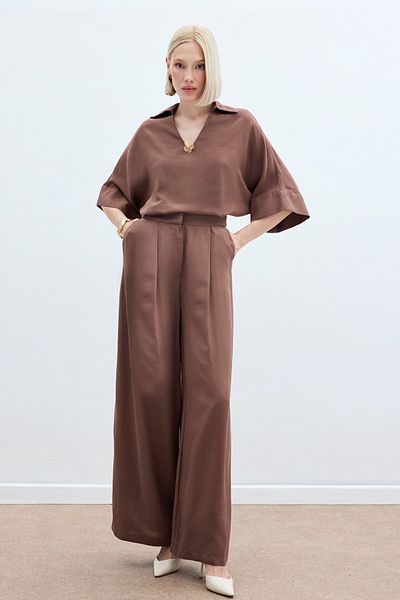 Sateen Linen Blend Trousers - Brown