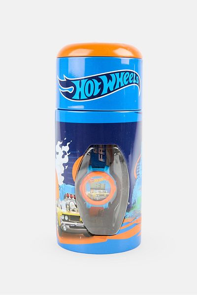 HOT WHEELS Kids Boy Digital Watch In Tin Coin Bank, Blue
