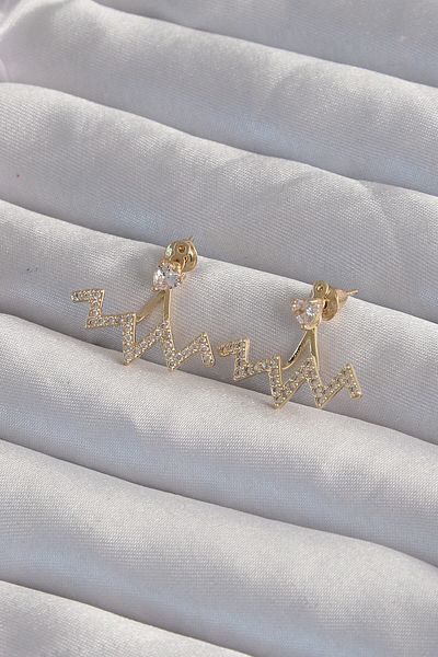 MBB ETİCARET Brass Gold Color Zircon Cubic Zirconia Zigzag Earrings - Tj-Bkp9303