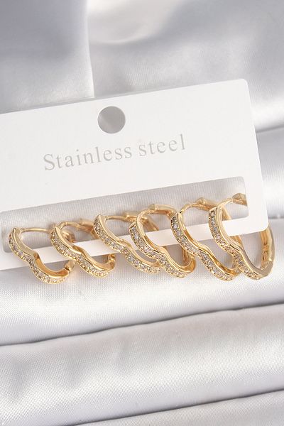 MBB ETİCARET Brass Gold Color Zircon Stone 3 Double Heart Model Women's Earrings - Tj-Bkp10334