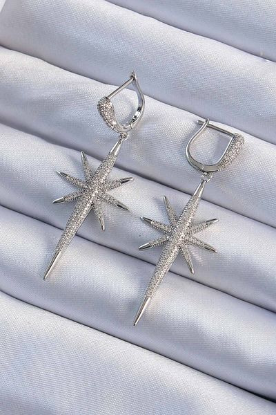 MBB ETİCARET Brass Silver Color Zircon Stone Plated Women's Earrings with Pole Star Design - Tj-Bkp9478