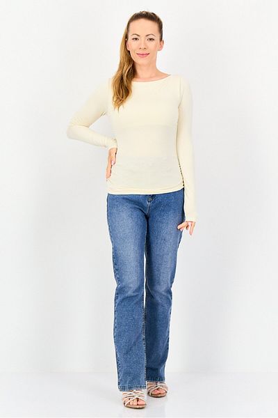 Bebe Women Crew Neck Long Sleeve Solid T Shirt, Cream