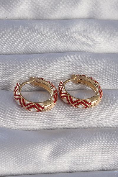 MBB ETİCARET Brass Gold Color Red Ethnic Patterned Hoop Earrings - Tj-Bkp9074