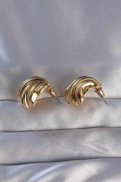 MBB ETİCARET Brass Gold Color Serrated Curved Model Earrings - Tj-Bkp9089