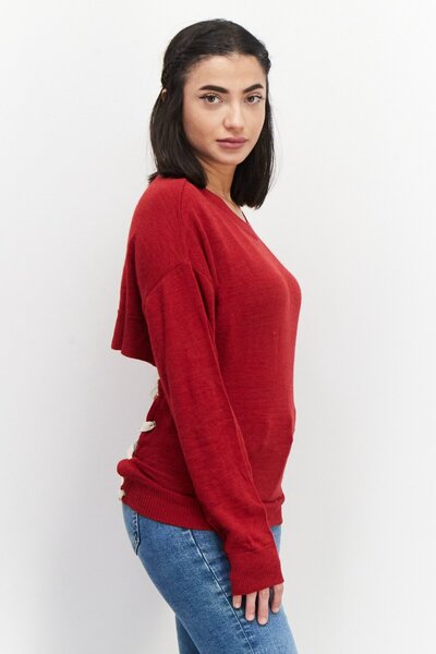 NA-KD Women Crew Neck Open Back Knitted Sweater, Red