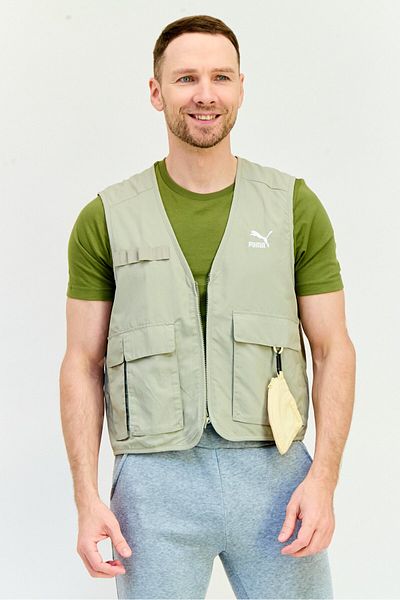 Puma Men Relaxed Fit Embroidered Logo Outdoor Vest With Pouch, Sage Green