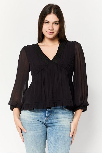 Scotch & Soda Women V-Neck Long Sleeves Lace Detail Blouse, Black