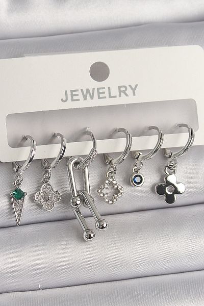 MBB ETİCARET Brass Silver Color Zircon Stone Multiple Figure Women's Earring Set - Tj-Bkp10095