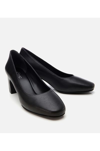 Hotiç Women's Leather Black Comfortable Thick Heeled Shoes