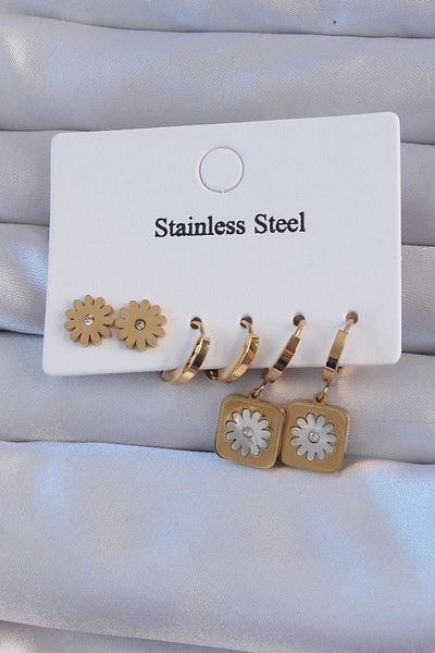 MBB ETİCARET 316L Steel Gold Color Zircon Stone Pearlescent Daisy Model Hoop Earring Set - Tj-Bkp9150