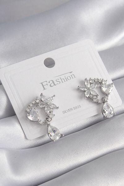 MBB ETİCARET Brass Silver Color Zircon Cubic Zirconia Flower Model Dangle Detail Women's Earrings - TJ-BKP8453