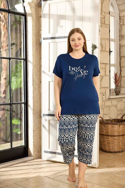 bigiyin Navy Blue Plus Size Women's Pajamas Set Bermuda Summer Plus Size Pajamas Set