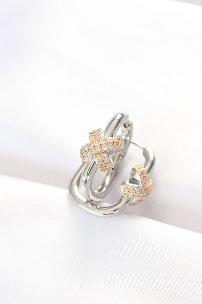 MBB ETİCARET Brass Double Color Rhinestone X Design Rectangle Earrings - Tj-Bkp8891