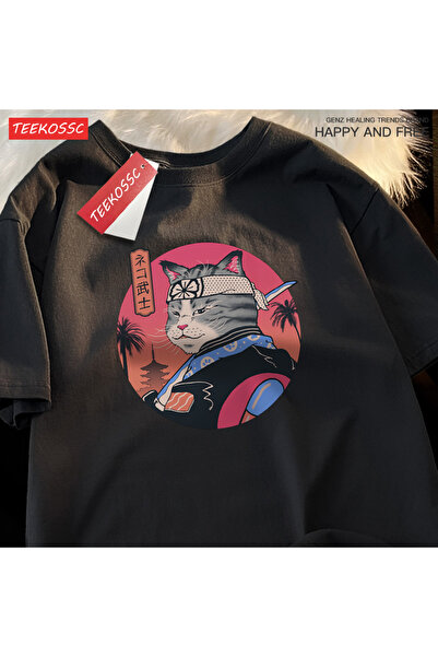 StartMore تي شيرت Y2k Vintage تي شيرت ياباني هاراجوكو سيف الساموراي القط