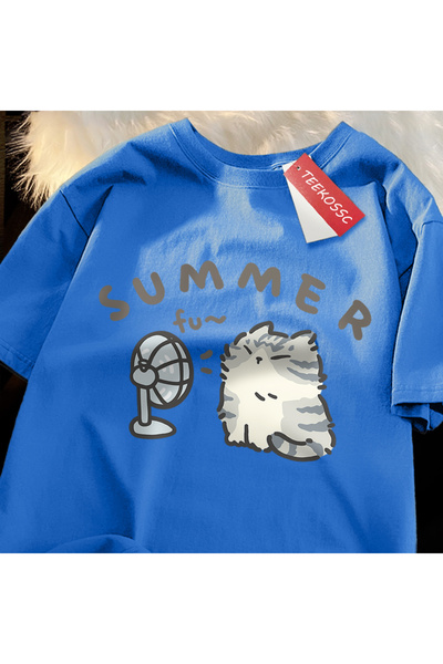 StartMore Y2K Vintage T-Shirt Tee Fun Hair Dryer Fan Cat Japanese Style