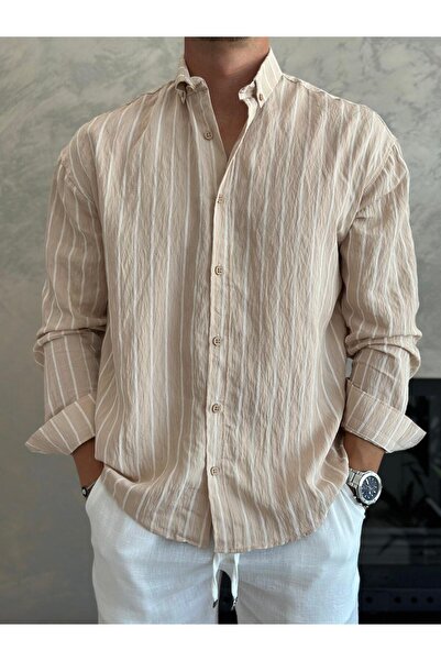 ECARTS Erkek Oversize Kesim Çizgili Gömlek Bej Eca009