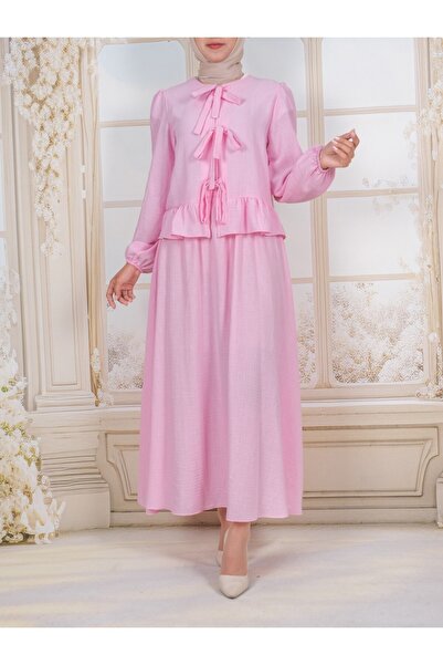 Modamorfo Lace-Up Front Sleeve Elastic Skirt Suit -Pink