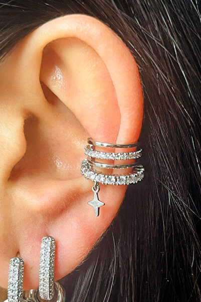 fk studio design Zirkon Taşlı Sallantılı 4 Şerit Earcuff Kıkırdak Küpe