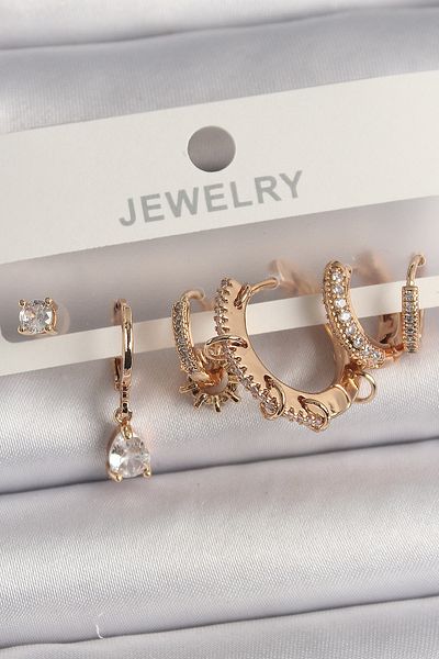MBB ETİCARET Brass Gold Dangle Zircon Stone Hoop Model Drop Zircon Stone Multiple Women's Earring Set