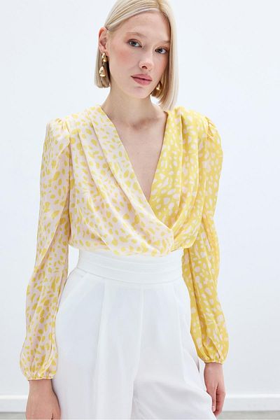 Sateen Double Breasted Patterned Bodysuit - Yellow-Ecru