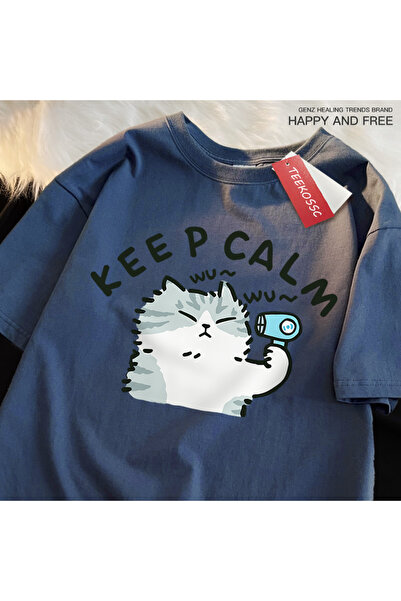 StartMore Y2K Vintage T-Shirt Tee Fun Cat Using Hair Dryer Japanese Style