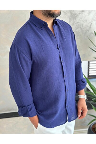 ECARTS Men's Relaxed Fit Premium Linen Shirt Navy Blue Eca010