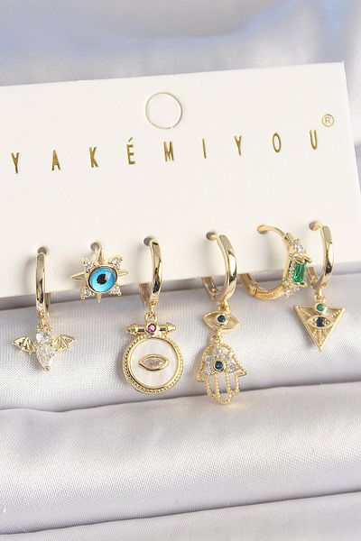 MBB ETİCARET Brass Gold Zircon Stone Fatma Ana Hand Figure Evil Eye Bead 6-Piece Women's Combination Earrings