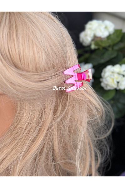 QUEEN AKSESUAR Shiny Hologram Pearlescent Acrylic Big Zigzag Scalloped Snap Clasp Fuchsia Pink