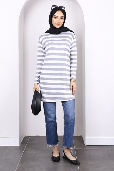 İmajButik Gray Striped Long Sleeve Tunic