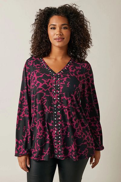 Stil Diva Plus Size V-Neck Long Sleeve Stone Detailed Patterned Blouse 615713