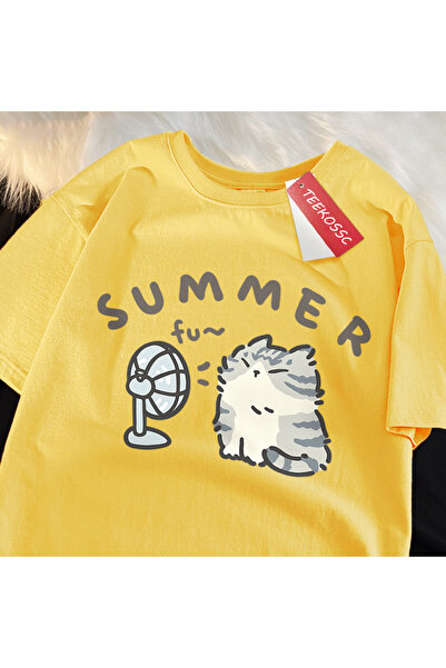 StartMore Y2K Vintage T-Shirt Tee Fun Hair Dryer Fan Cat Japanese Style