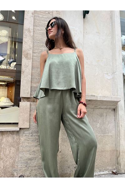 ABBRA Women's Strappy Blouse Pants Set